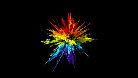 Color Burst - colorful iridescent rainbow lgbt smoke powder explosion or fluid ink particles in slow motion. Alpha channel isolated on black 60 fps