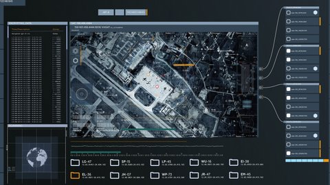 War Planes Detected on Hmeimim Air Base in Syria, Satellite Camera. Futuristic Spy Technology, UI, Data Screen. 