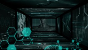 Animation of 3d green glowing data processing and human brain in front of screens with scientific data and DNA strand spinning in the background. Global medicine science and research network digitally - Powered by Shutterstock - Get 15% off with code: PIKWIZARD15