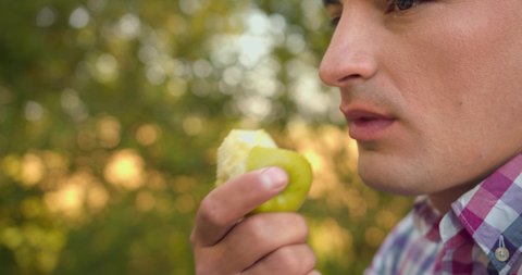 Man Eating Apple On Nature. Businessman Eating Fresh Apple. Vegan Diet Eat Fruit Outdoors
