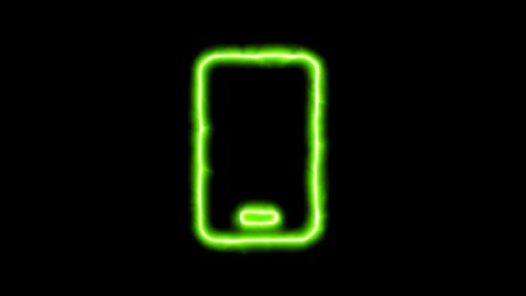 The appearance of the green neon symbol mobile. Flicker, In - Out. Alpha channel Premultiplied - Matted with color black