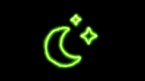 The appearance of the green neon symbol moon stars. Flicker, In - Out. Alpha channel Premultiplied - Matted with color black