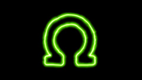 The appearance of the green neon symbol omega. Flicker, In - Out. Alpha channel Premultiplied - Matted with color black