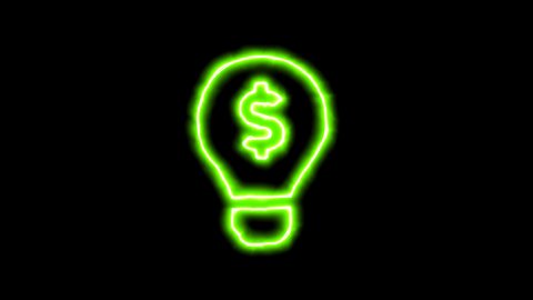 The appearance of the green neon symbol lightbulb dollar. Flicker, In - Out. Alpha channel Premultiplied - Matted with color black