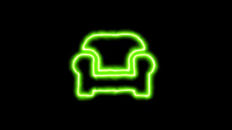 The appearance of the green neon symbol loveseat. Flicker, In - Out. Alpha channel Premultiplied - Matted with color black