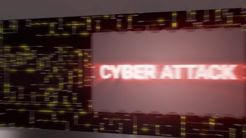 Seamless looping 3d animated corridor with screens displaying text about the topic cyber attack in 4K resolution