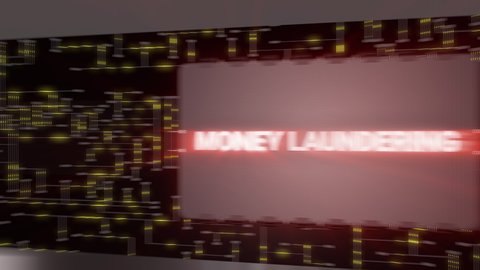 Seamless looping 3d animated corridor with screens displaying text about the topic money laundering in 4K resolution