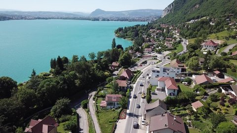Veyrier-du-Lac and Annecy lake aerial view, Haute-Savoie, Alps in France