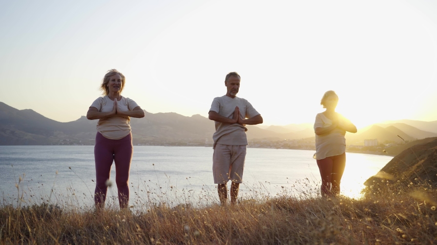 Group of senior people doing yoga exercises at the seaside on the background at the sunset. Feeling the harmony. Concept of calm and meditation. Way to peace and balance. Full-length view shot Royalty-Free Stock Footage #1055280212