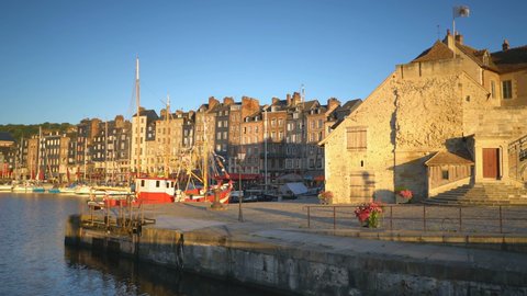 HONFLEUR, FRANCE - 4TH JULY 2019: Vieux Port (Old Harbor), houses and boats in Honfleur, France.