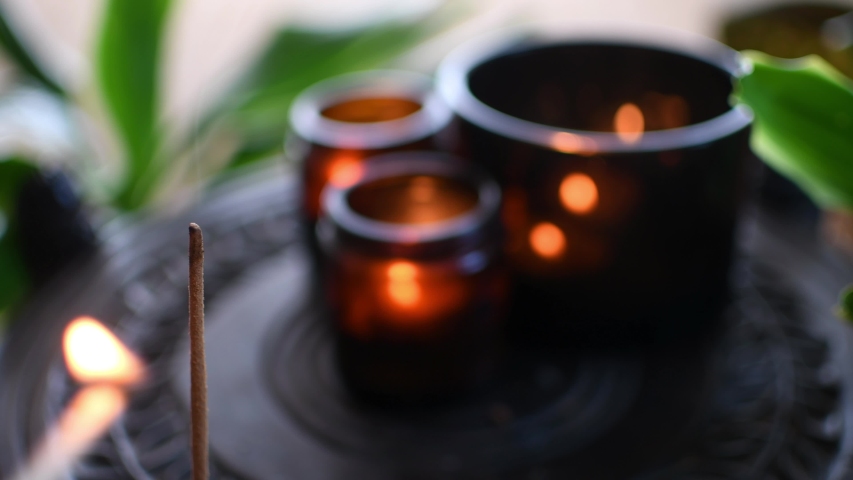 Close Up Of Burning Incense Sticks With Smoke And Candles, Meditation And Health Home Spa. High quality 4k footage Royalty-Free Stock Footage #1055283818