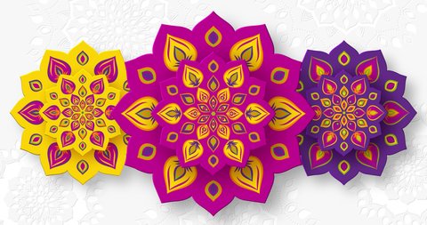 Rotating Indian Rangoli for Diwali festival of lights. Bright purple color on white background. Seamless 4K loop video animation.