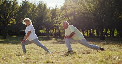 Senior grandparents working out in a park together doing side stretches in the summer sunshine in a healthy active retirement lifestyle concept