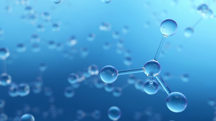 Hydrogen molecule or atom, Abstract structure for Science or medical background. Clear blue water. Concept of chemical model connections atoms. 3d rendering animation in 4K Royalty-Free Stock Footage #1055289077