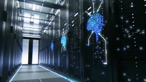 Data Center Server Racks Activating with Animated Neural Network Artificial Intelligence Brain Signs. Animated Concept of Visualization and Digitalization of Internet Information Highway. Moving Shot - Powered by Shutterstock - Get 15% off with code: PIKWIZARD15