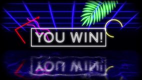 Animation of vintage video game screen with flickering words You Win! written in glowing white neon letters in white frame with leaf, moving geometric shapes and blue glowing grid reflected in surface - Powered by Shutterstock - Get 15% off with code: PIKWIZARD15