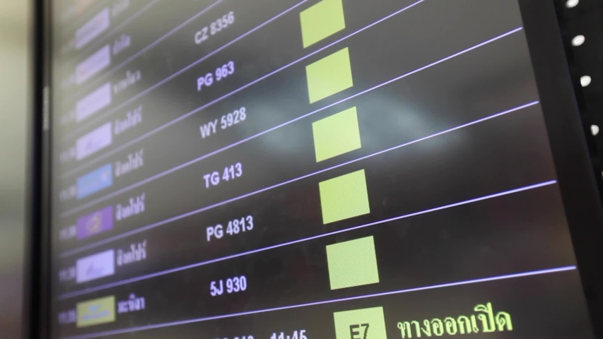 flight cancellations in Bangkok airport on departure board screen, cancelled trip due to coronavirus COVID-19 Royalty-Free Stock Footage #1055300903