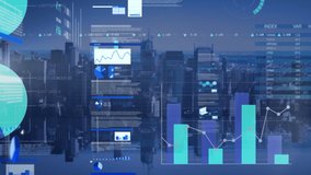 Animation of business data processing with financial growth charts and statistics moving with cityscape in the background. Global finance business growth concept. - Powered by Shutterstock - Get 15% off with code: PIKWIZARD15