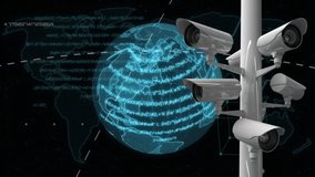 Animation of CCTV cameras moving around with digital blue globe spinning and data processing in the background. Global security and surveillance concept.  - Powered by Shutterstock - Get 15% off with code: PIKWIZARD15