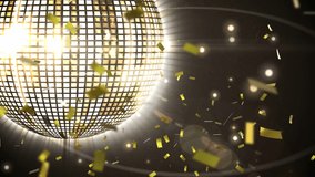 Animation of New Year Eve celebrations with gold confetti falling and disco ball spinning on black background - Powered by Shutterstock - Get 15% off with code: PIKWIZARD15