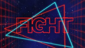 Animation of the word Fight written in red capital letters on blue and red triangles over a moving red grid with a dark blue starry night sky background - Powered by Shutterstock - Get 15% off with code: PIKWIZARD15