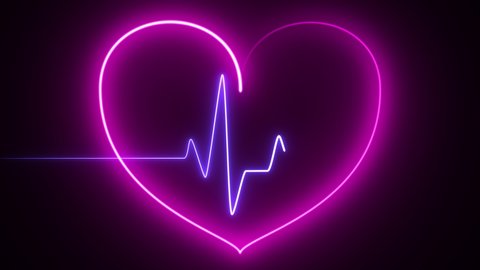 Glowing neon, pink and purple sign in shape of a heart and heart lines on black background. The concept of site advertising signs and Hospital Pharmacies.