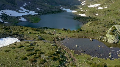Aerial panorama of Tristaina Lakes. Hiking adventure in Pyrenees of Andorra