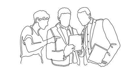 Corporate modern business woman & 2 men team in suits working & pointing tablet. One single line stroke illustration drawing outline animation. Whiteboard doodle style. Black line drawn on white