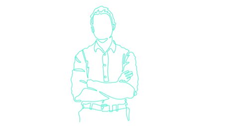 Confident corporate modern business man leader in shirt standing & crossing arms. One single line stroke illustration drawing outline animation. Whiteboard doodle style. Green line drawn on white