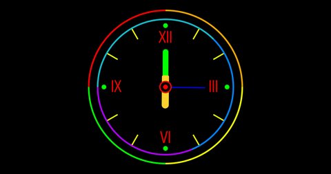 Animation of appearance, rotation of roman neon clock from 8 a.m. to 6 p.m and disappearance. 4K vector video motion clip