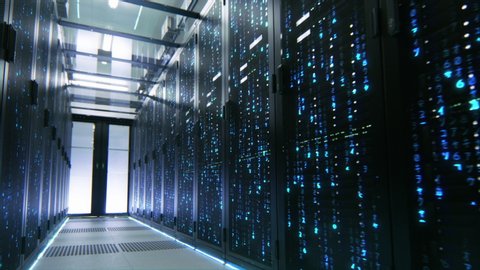 Data Center Style Numbers Raining in Server Racks. Animation Visualizing and Digitalizing Virtual Reality of Information, Data, Simulation, Quantum Super Computing, AI and Neural Networks