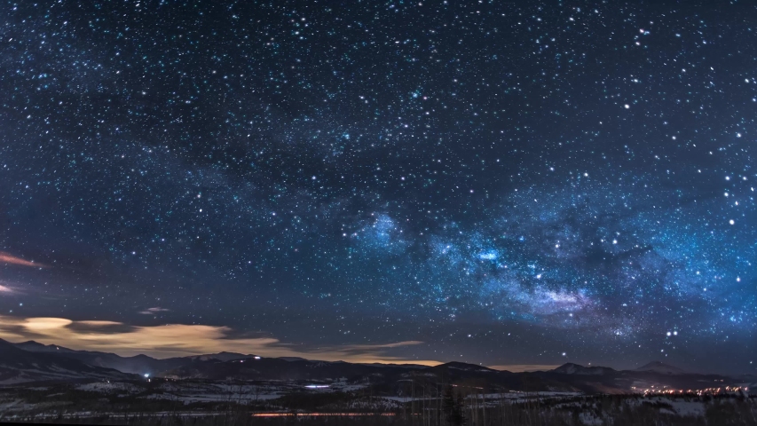Night sky milky way galaxy. This animated video can loop able to any duration as you want. Night sky milky way galaxy starry sky time-lapse from the shining city light at night under starry stars. Royalty-Free Stock Footage #1055315435