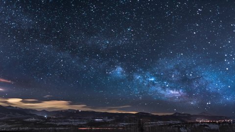 Night sky milky way galaxy. This animated video can loop able to any duration as you want. Night sky milky way galaxy starry sky time-lapse from the shining city light at night under starry stars.