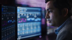 Confident Handsome Man Looks at Computer Monitor, Screen Showing Data, Infographics, Information, Statistics, Numbers. Businessman Working on Computer in the Office - Powered by Shutterstock - Get 15% off with code: PIKWIZARD15
