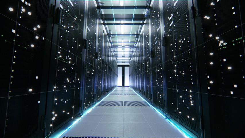 Power Running Through Data Center Server Racks Filling with Gigabyte Cubes of Information. Animated Concept of Visualization and Digitalization of Internet Traffic. Moving Camera Shot
 Royalty-Free Stock Footage #1055317679