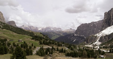 Passo Gardena looking down to Badia Valley in Alto Adige. Aerial view down pass