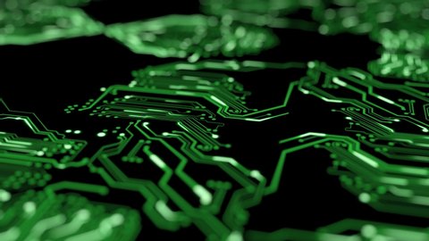 Futuristic motherboard circuit graphic animation background. Printed circuit board (PCB) in motion. Modern computer technologies animation with printed circuit board. Bitcoin and blockchain concept.
