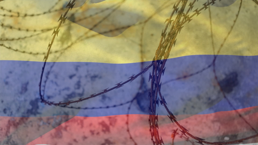 Animation of barbed wire over national flag of Colombia waving. Covid 19 coronavirus pandemic travel restrictions digital composite.