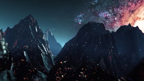 Futuristic mountain landscape flight seamless loop. Stylized VJ looping 3D animation with space and high speed flythrough. Outrun style videogame intro or background for EDM music live show or concert