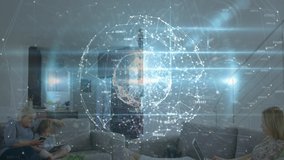 Animation of links of connections with globe spinning over senior woman her granddaughter using digital tablet and smartphone. Global network of connections social media concept digital composite. - Powered by Shutterstock - Get 15% off with code: PIKWIZARD15