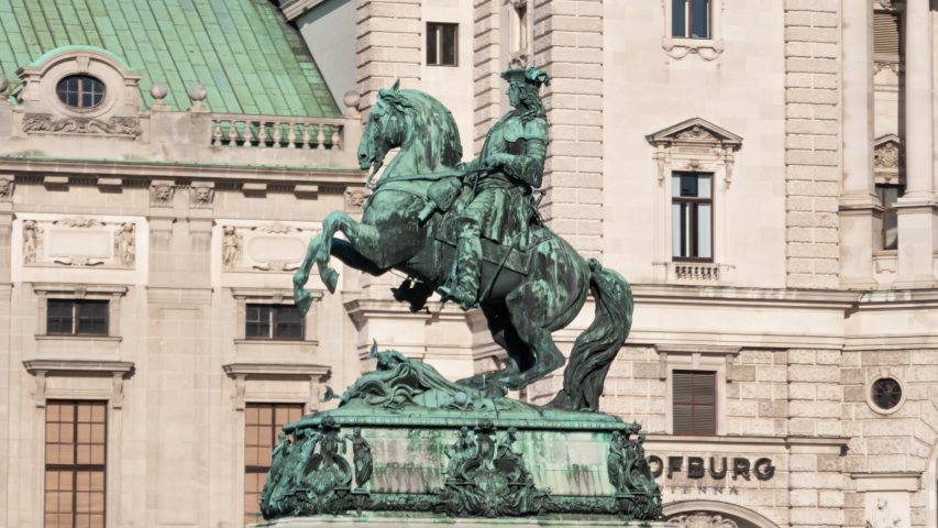 Close-up hyper lapse Imperial Palace Hofburg and Statue of Prince Eugene of Savoy, Vienna, Austria