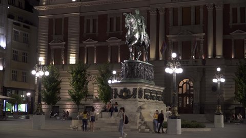 BELGRADE, SERBIA - CIRCA 2020: Republic Square and illuminated equestrian monument to Serbian Prince Mihailo at night