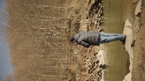 Vertical video man stands on stones by a mountain stream and pulls fish out of the water.  Male fisherman fishing at the suny day. Outdoor activity