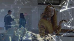 Animation of links of connections and data processing over woman using a smartphone in an office. Global network of connections concept digital composite. - Powered by Shutterstock - Get 15% off with code: PIKWIZARD15