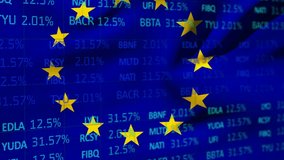 Animation of financial data processing and statistics recording on European Union flag. Global finances business concept digitally generated image - Powered by Shutterstock - Get 15% off with code: PIKWIZARD15