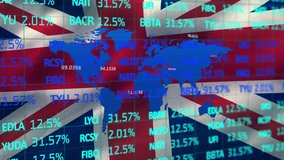 Animation of financial data processing, statistics recording and a blue world map on United Kingdom flag. Global finances business concept digitally generated image - Powered by Shutterstock - Get 15% off with code: PIKWIZARD15
