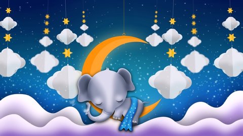 elephant cartoon sleeping on moon, loop motion background for lullabies, calming relaxing 4K.