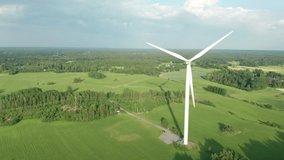 Wind turbine in green landscape, aerial view, forward movement