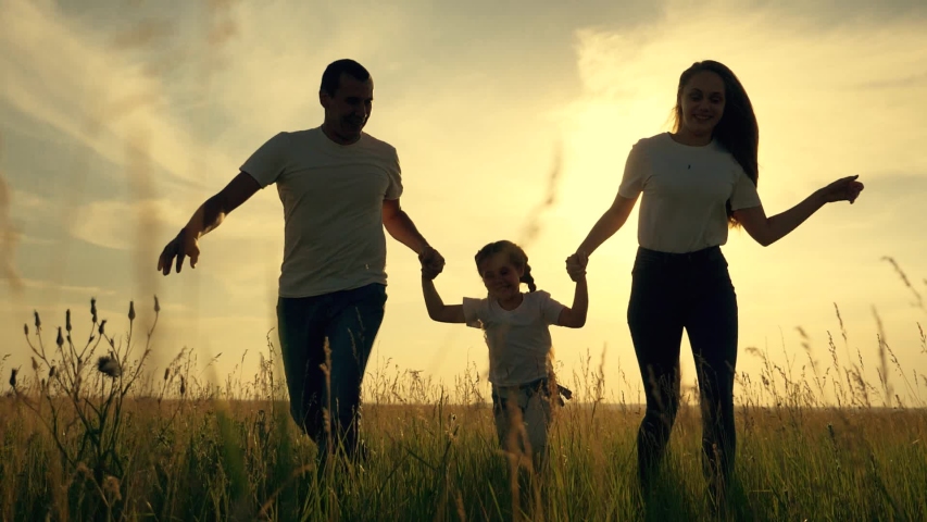 Happy family run through green grass in Park holding hands at sunset. Happy child, running children in countryside. Teamwork. Family walk on green grass. People holding hands walk across the field Royalty-Free Stock Footage #1055349608