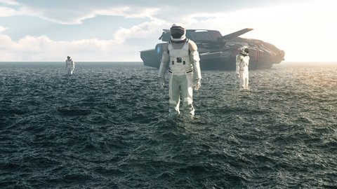 Astronauts explore an aquatic uninhabited planet. Animation for fantasy, futuristic or space travel backgrounds.
